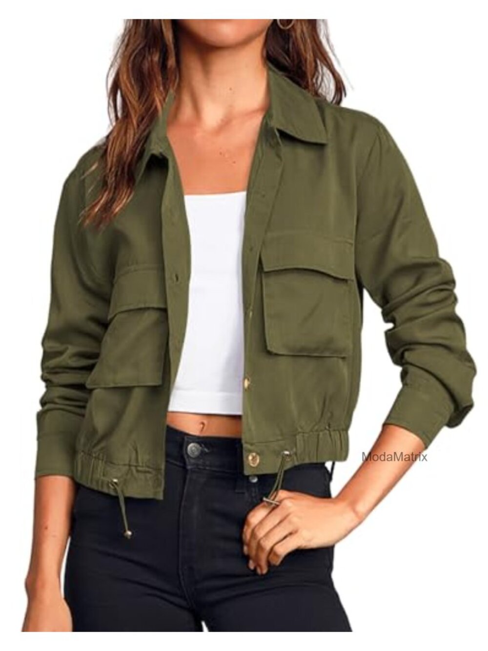 Women's Military Safari Cropped Lightweight Jacket with Pockets Button Down